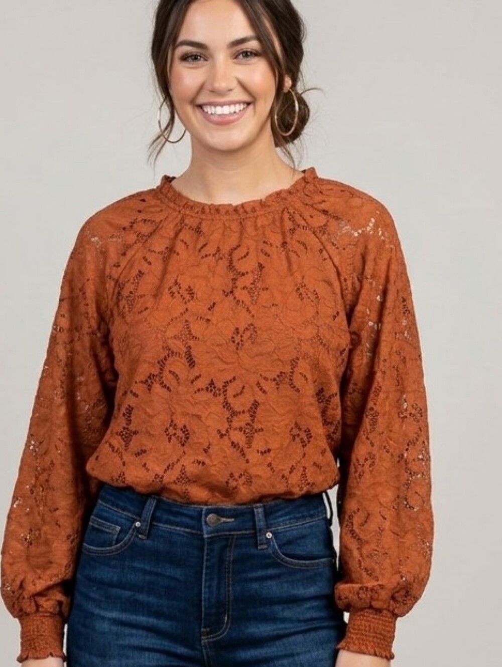 Women’s Lace Balloon Sleeve Blouse - Rust
